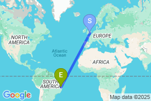 Map of the flight from London Heathrow to Vitoria Da Conquista