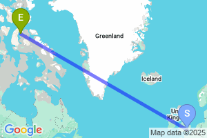 Map of the flight from London Heathrow to Arctic Bay