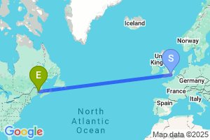 Map of the flight from London Heathrow to Fredericton