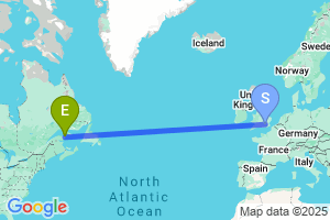 Map of the flight from London Heathrow to Gaspe