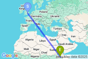 Map of the flight from London Luton to Addis Ababa