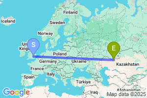 Map of the flight from London Luton to Aktobe