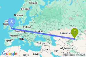 Map of the flight from London Luton to Almaty