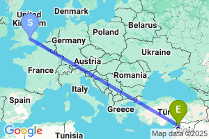 Map of the flight from London Luton to Aleppo