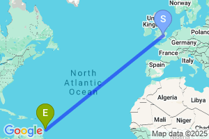 Map of the flight from London Luton to Bridgetown