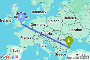 Map of the flight from London Luton to Bourgas