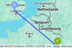 Map of the flight from London Luton to Basel Mulhouse Freiburg