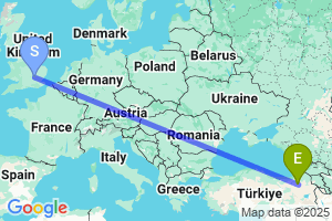 Map of the flight from London Luton to Erzurum