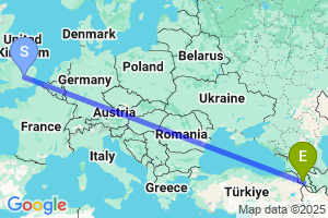 Map of the flight from London Luton to Yerevan