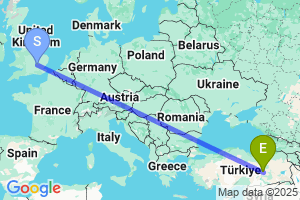 Map of the flight from London Luton to Elazig