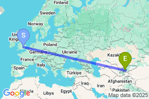 Map of the flight from London Luton to Fergana