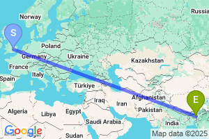 Map of the flight from London Luton to Guwahati