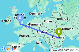 Map of the flight from London Luton to Braşov