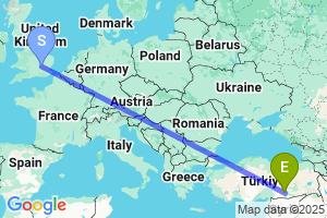 Map of the flight from London Luton to Sanliurfa Guney Anadoulu Projesi