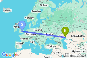 Map of the flight from London Luton to Atyrau