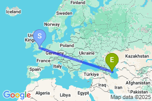 Map of the flight from London Luton to Baku Heydar Aliyev International