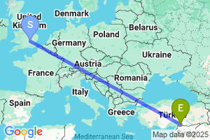 Map of the flight from London Luton to Gaziantep