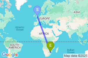 Map of the flight from London Luton to Hoedspruit