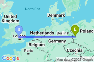 Map of the flight from London Luton to Zielona Gora Babimost