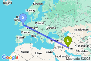 Map of the flight from London Luton to Isfahan