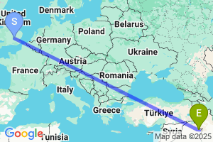 Map of the flight from London Luton to Sulaymaniyah