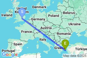 Map of the flight from London Luton to Chios