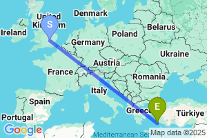 Map of the flight from London Luton to Kalymnos