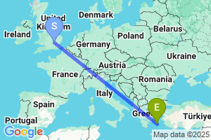 Map of the flight from London Luton to Mykonos