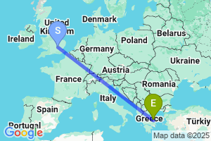 Map of the flight from London Luton to Skiathos