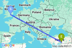 Map of the flight from London Luton to Kahramanmaras