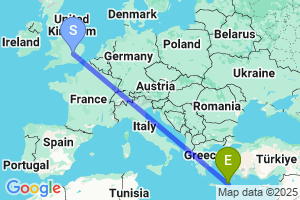 Map of the flight from London Luton to Kasos Island