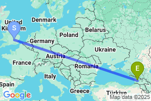 Map of the flight from London Luton to Kutaisi