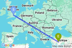 Map of the flight from London Luton to Konya