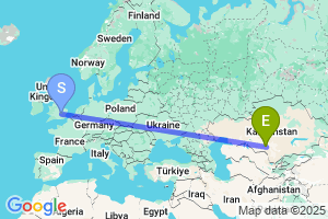 Map of the flight from London Luton to Kzyl-Orda