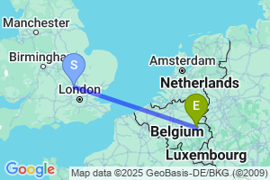Map of the flight from London Luton to Liege