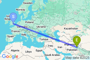 Map of the flight from London Luton to Lahore
