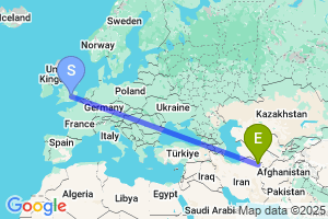 Map of the flight from London Luton to Mashhad