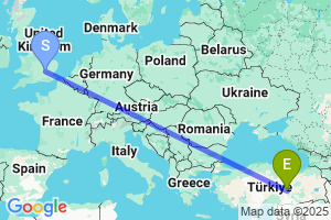 Map of the flight from London Luton to Malatya