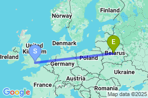 Map of the flight from London Luton to Minsk