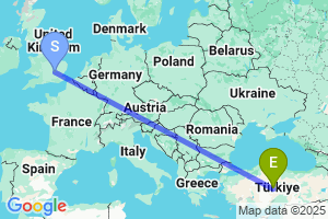 Map of the flight from London Luton to Nevsehir