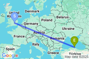 Map of the flight from London Luton to Sinop