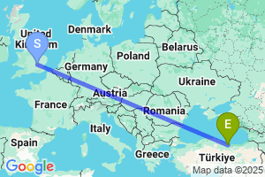 Map of the flight from London Luton to Ordu-Giresun