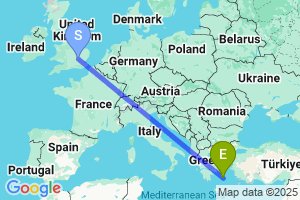 Map of the flight from London Luton to Paros