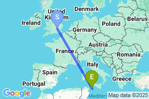 Map of the flight from London Luton to Pantelleria