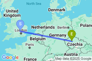 Map of the flight from London Luton to Prague