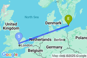 Map of the flight from London Luton to Ronne Bornholm