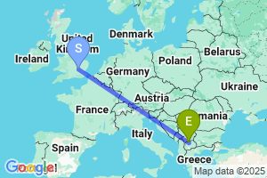 Map of the flight from London Luton to Skopje