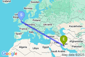 Map of the flight from London Luton to Shiraz