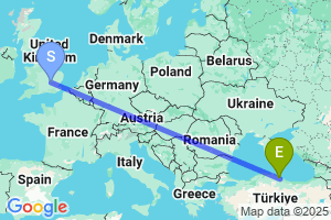 Map of the flight from London Luton to Samsun