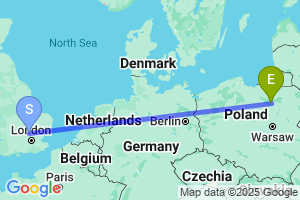 Map of the flight from London Luton to Olsztyn-Mazury